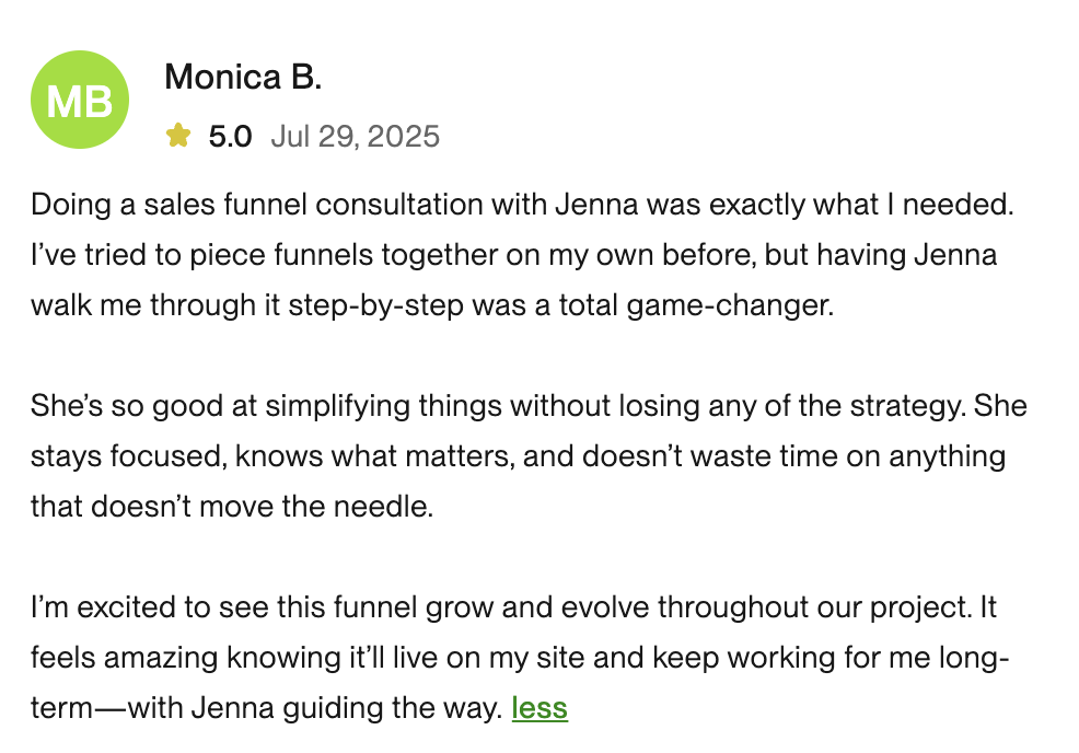 Upwork Testimonial for marketing consult Monica
