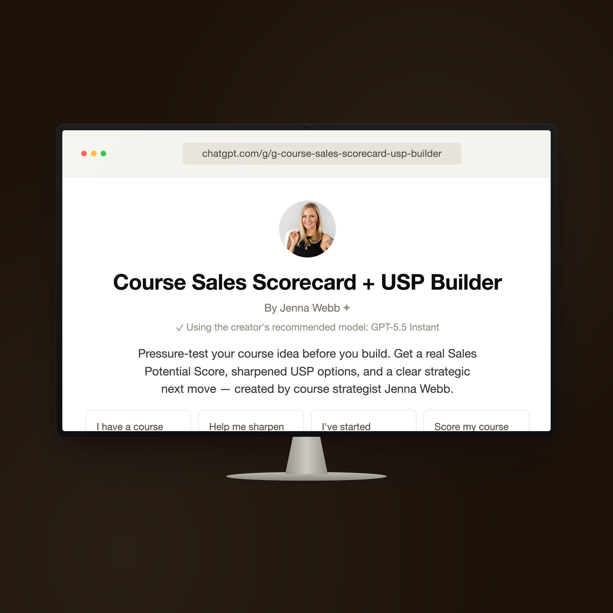 Course Sales Scorecard + USP Builder by Jenna Webb — PDF workbook and Validation GPT for course idea validation.