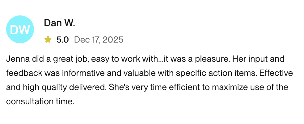 Upwork Testimonial for marketing consult with Dan for course strategy