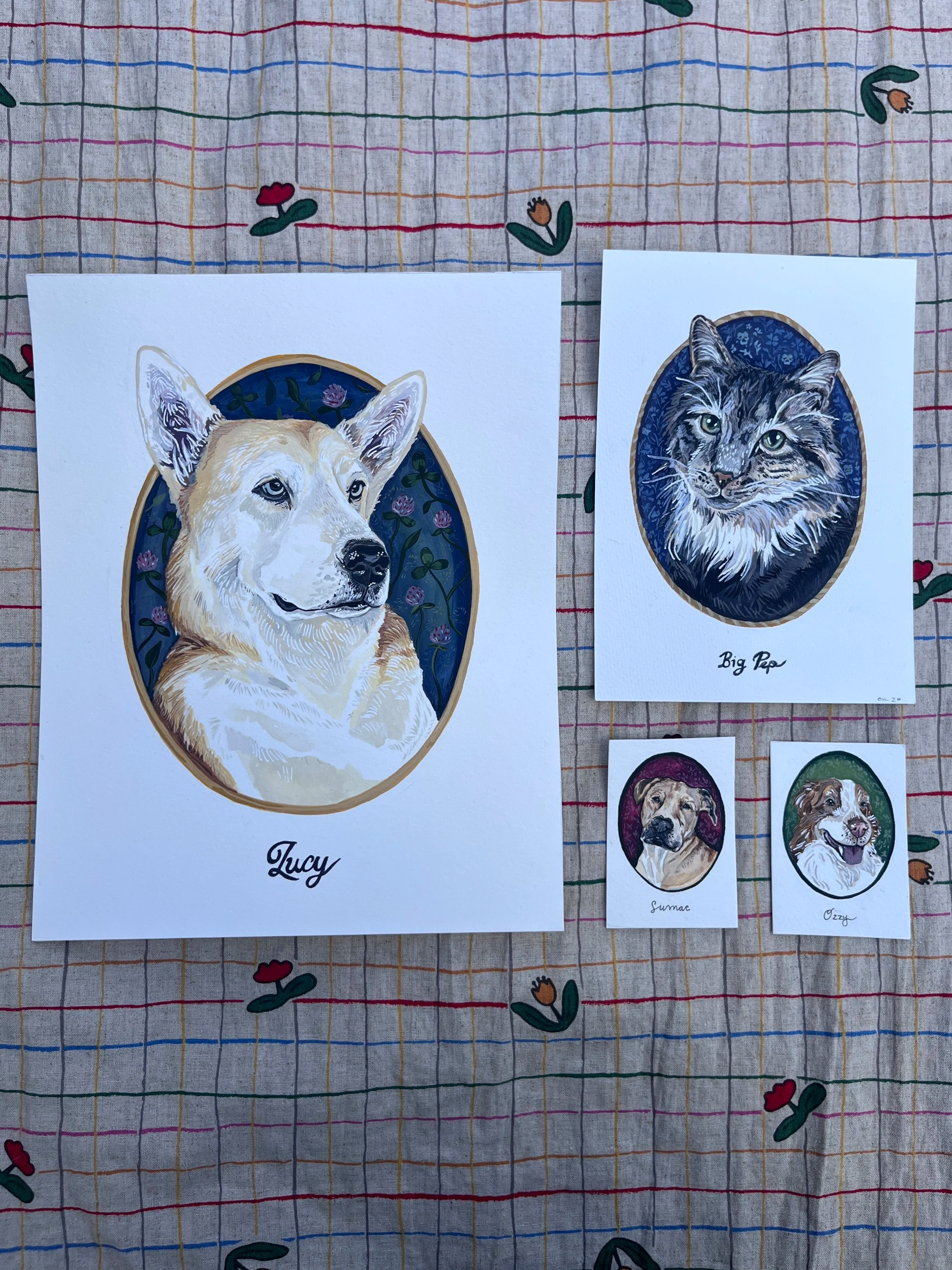 Hand painted custom pet portraits in multiple sizes