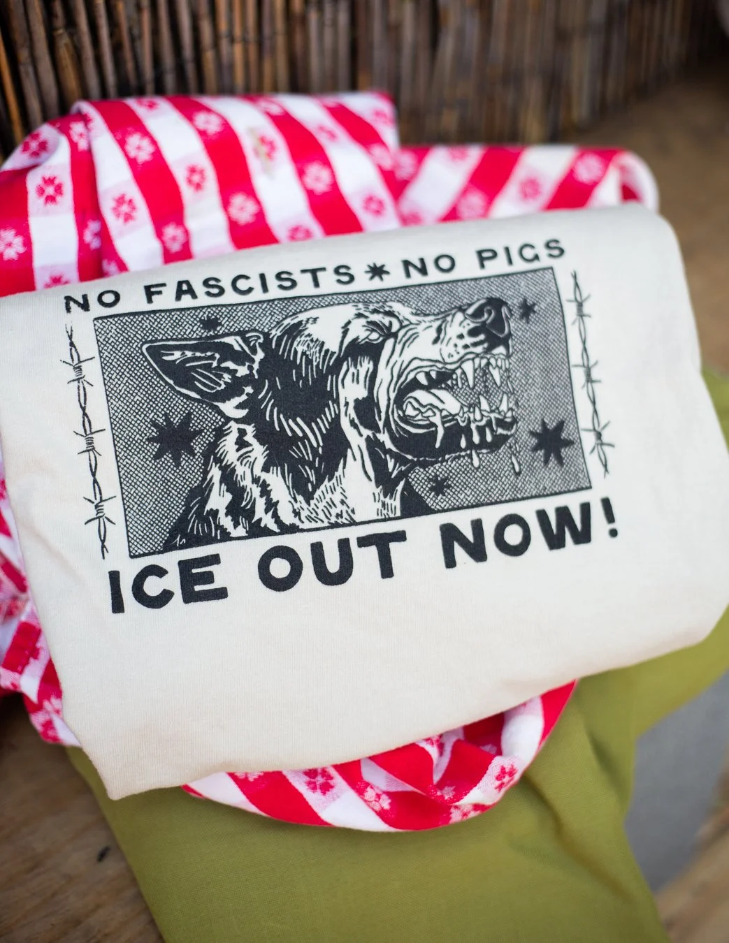 T-shirt front reads No Fascists No Pigs ICE Out Now