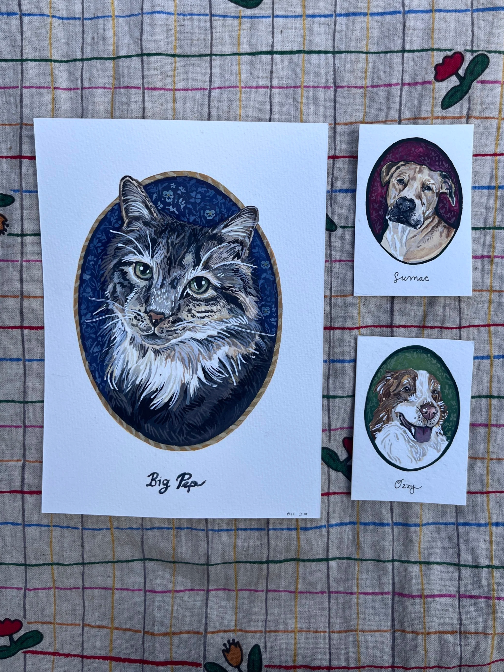 Hand painted custom pet portraits in multiple sizes