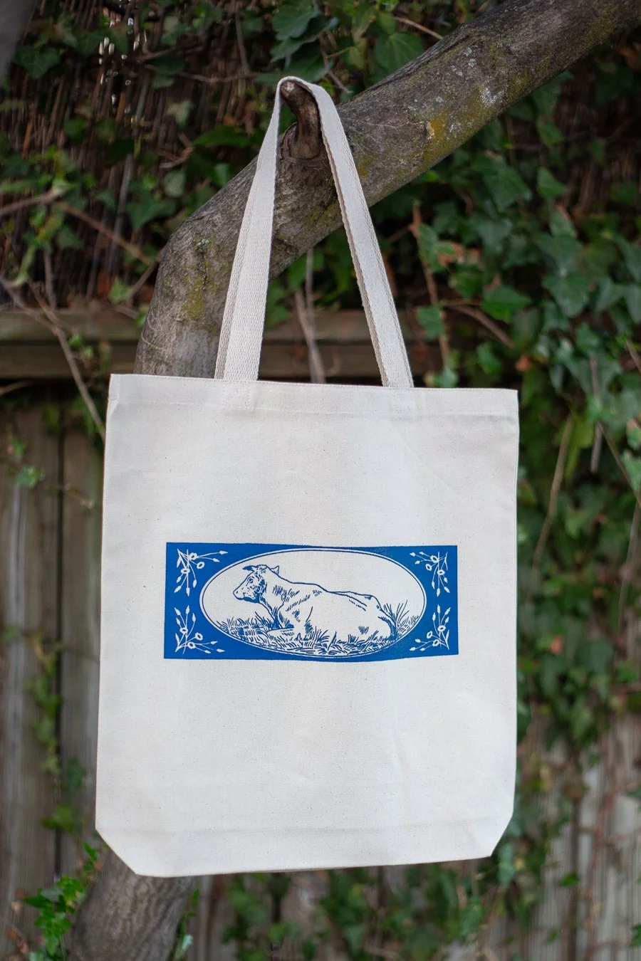 Cotton canvas blend small cow tote farmers market bag