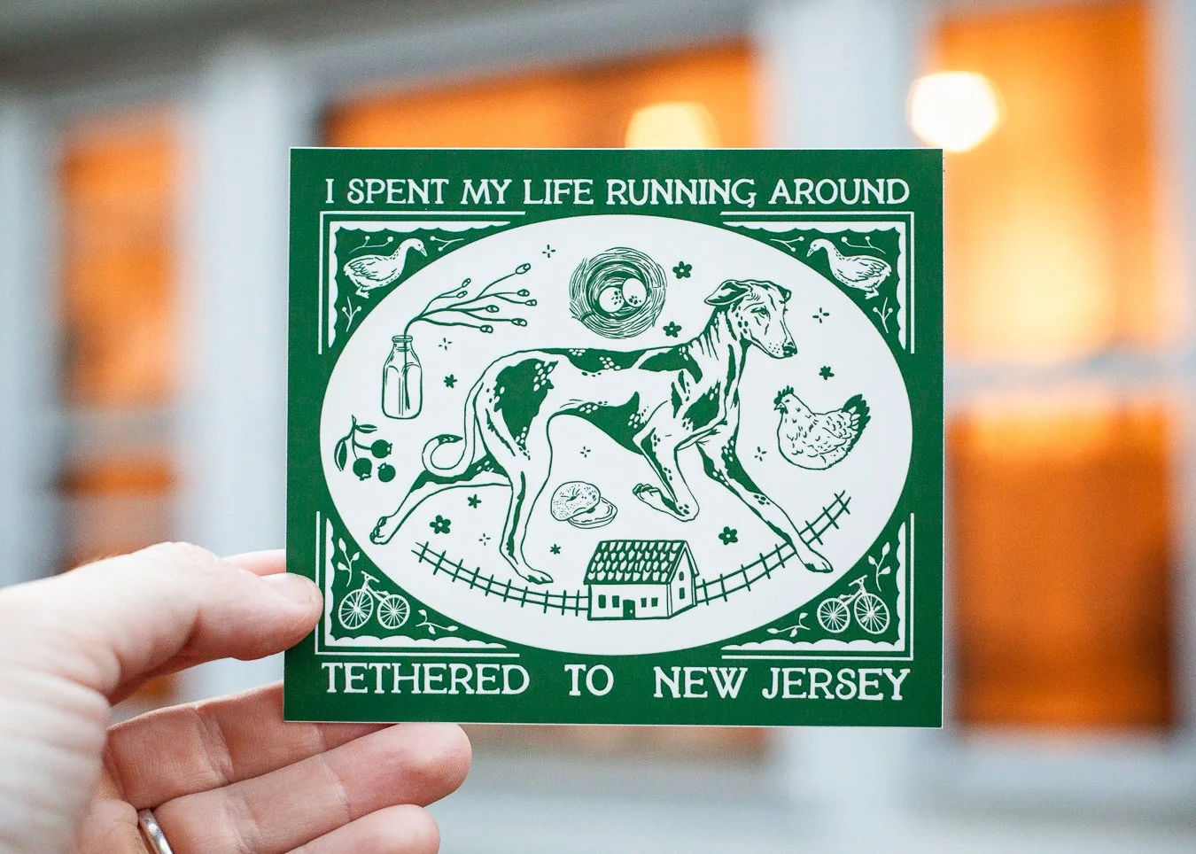 I spent my life running around tethered to New Jersey sticker in green