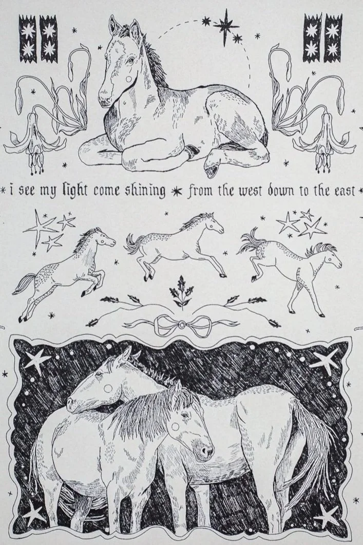 Horse print reads "I see my light come shining from the west down to the east"