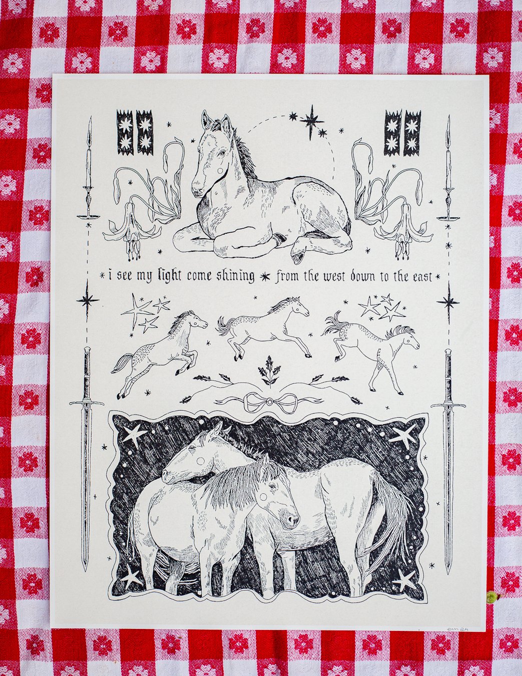 Horse print reads "I see my light come shining from the west down to the east"