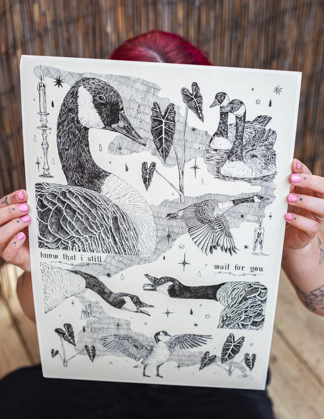 Goose print reads "Know that I still wait for you"