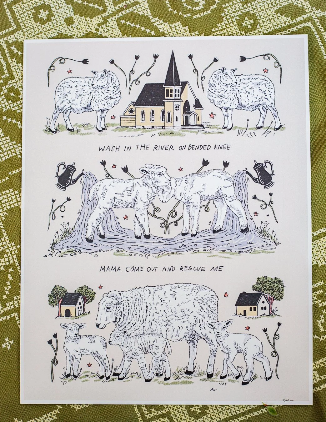 Sheep print reads "Wash in the river on bended knee, Mama come out and rescue me"
