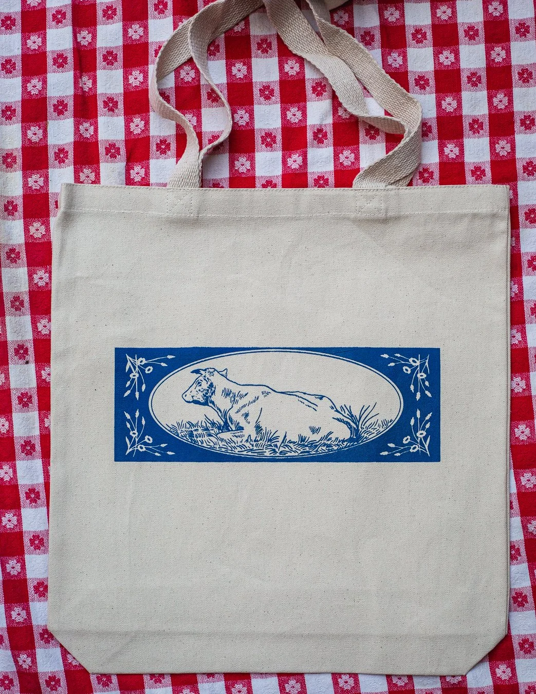 Cotton canvas blend small cow tote farmers market bag