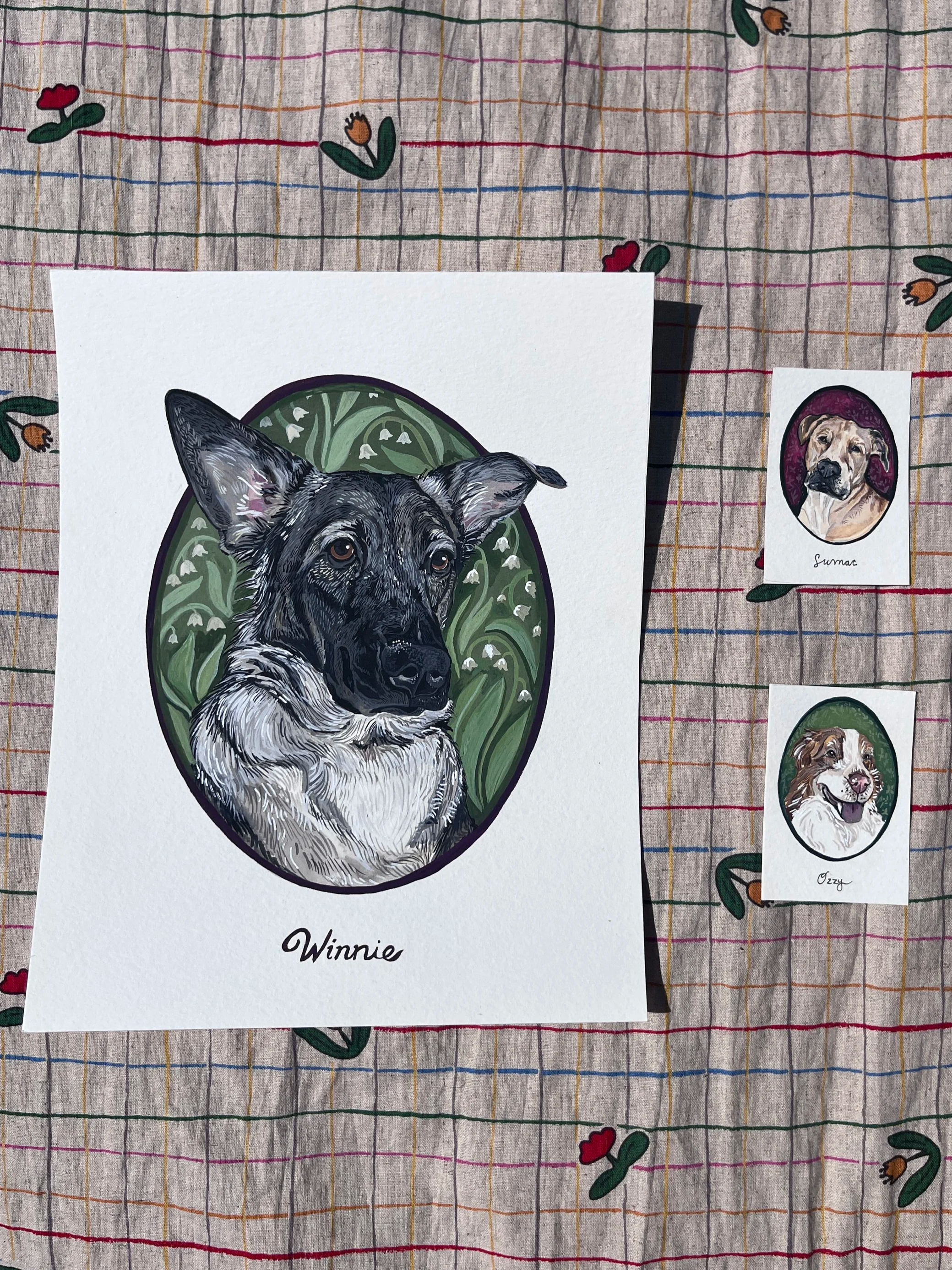 Hand painted custom pet portraits in multiple sizes