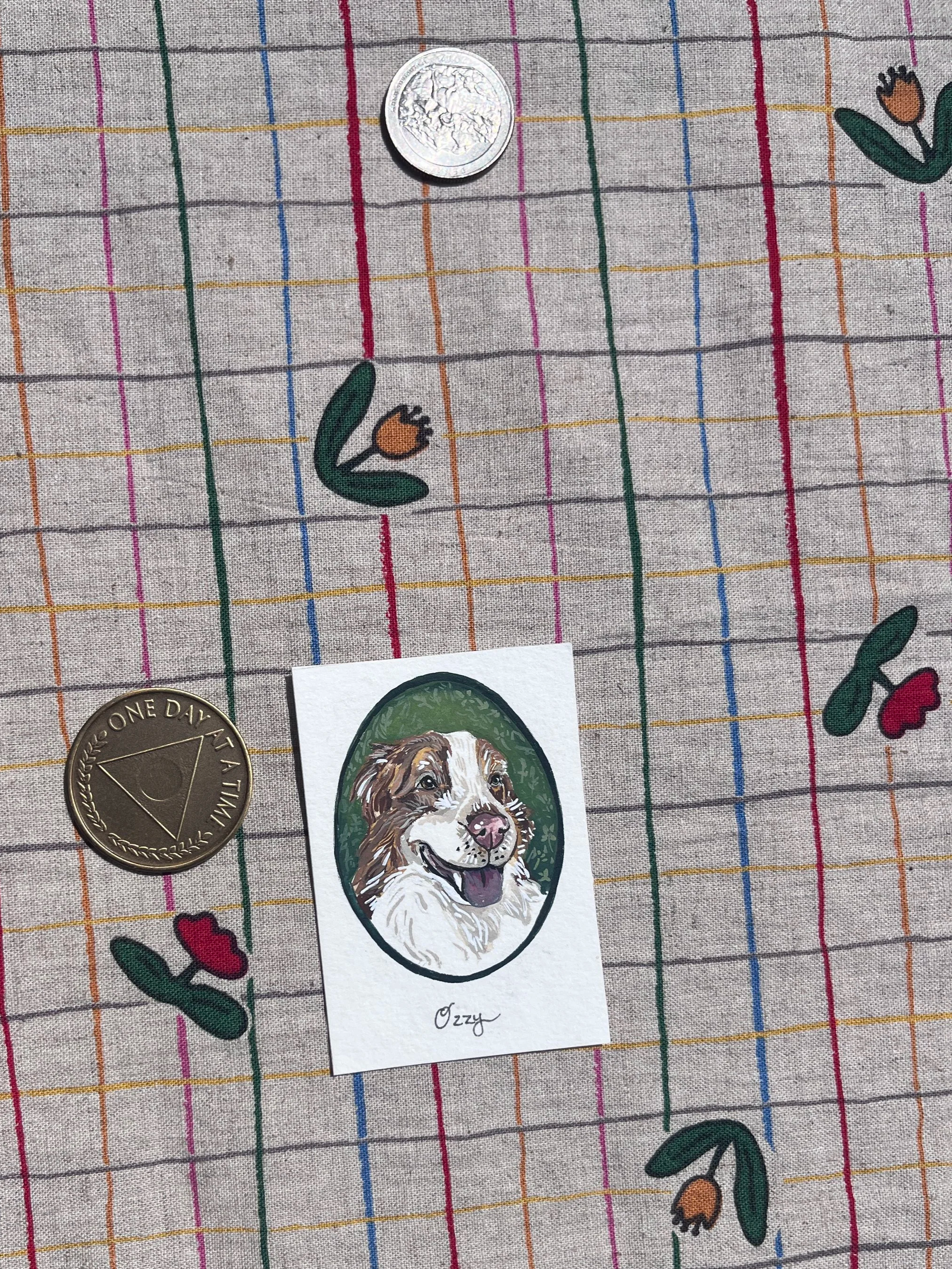 Hand painted custom pet portrait size 2x3 with coins for reference