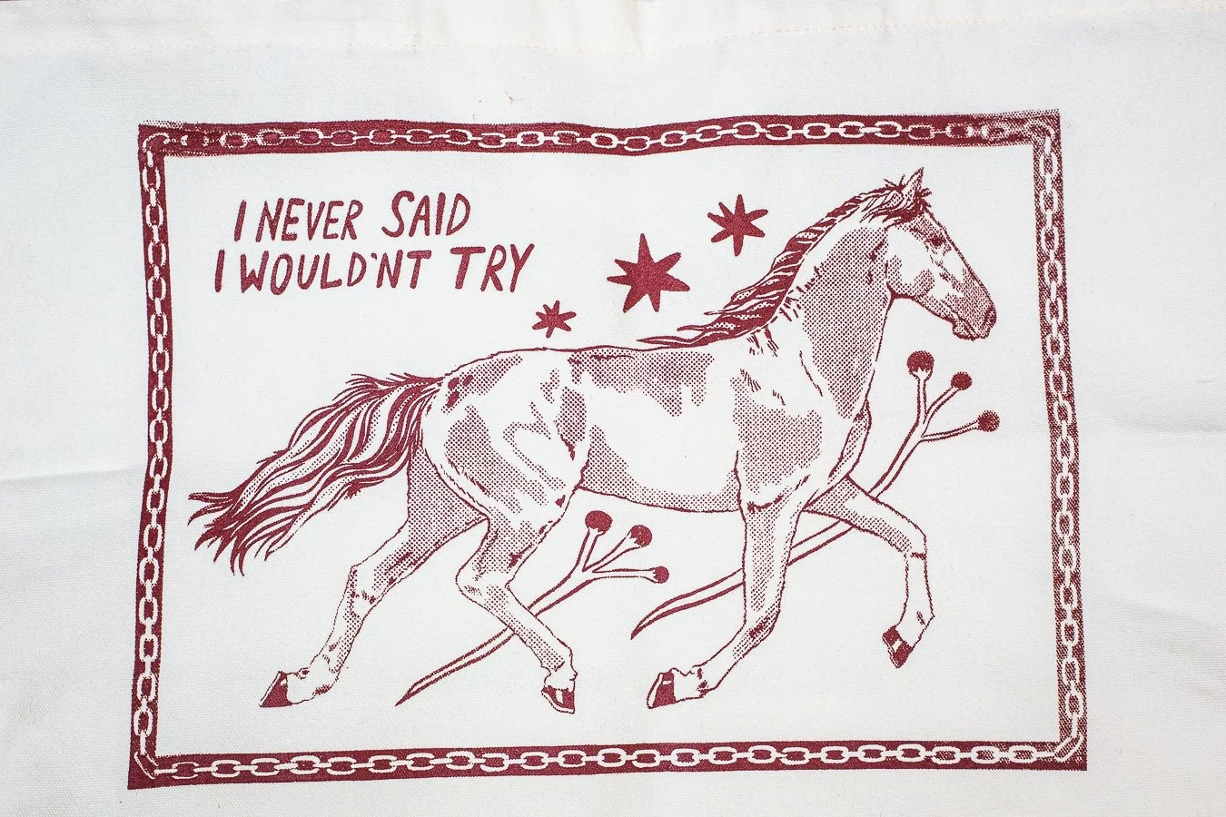 Extra large horse tote bag reads "I never said I wouldn't try"