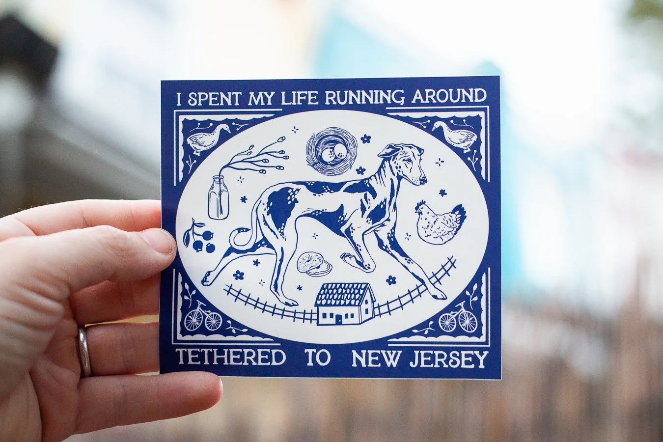 I spent my life running around tethered to New Jersey sticker in blue