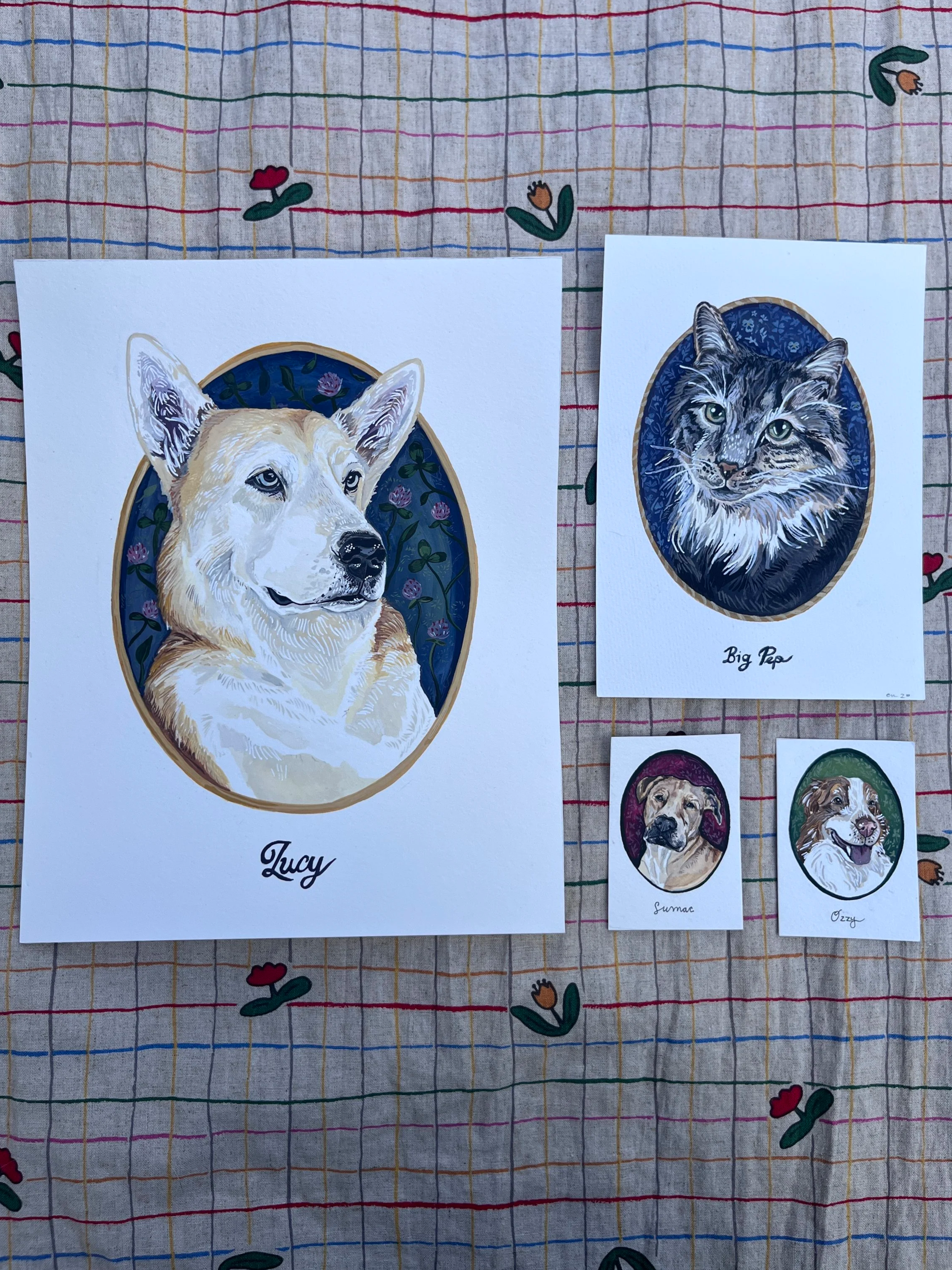 Hand painted custom pet portraits in multiple sizes