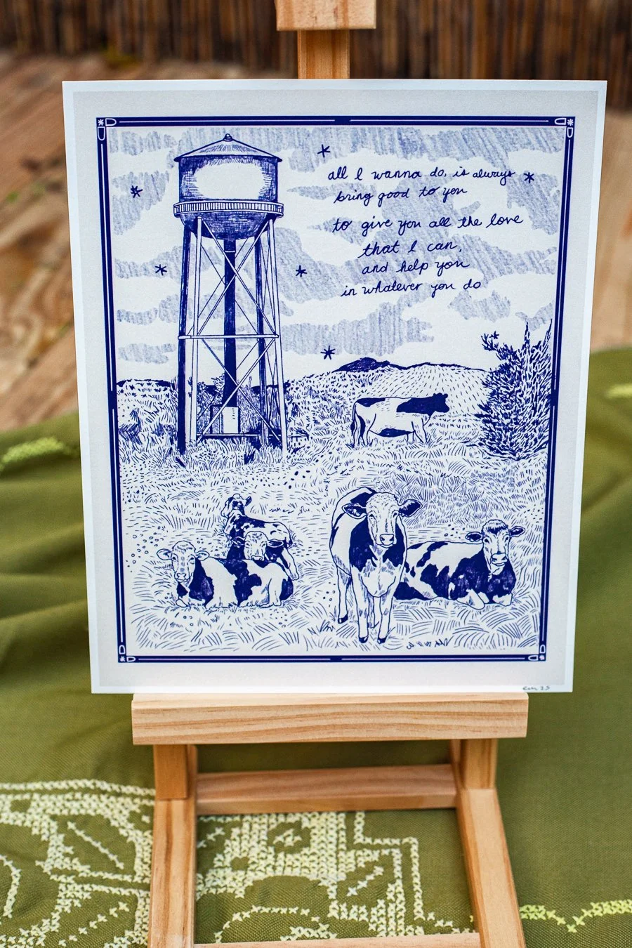 Beach Boys print reads "All I wanna do Is always bring good to you To give you all the love I can And help you in whatever you do"