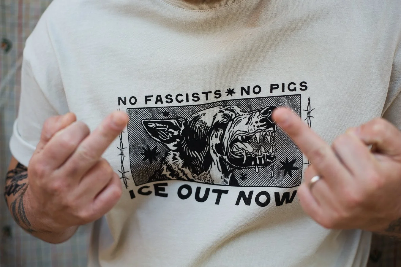 T-shirt front reads No Fascists No Pigs ICE Out Now / back reads Our Only Duty is to Protect Each Other