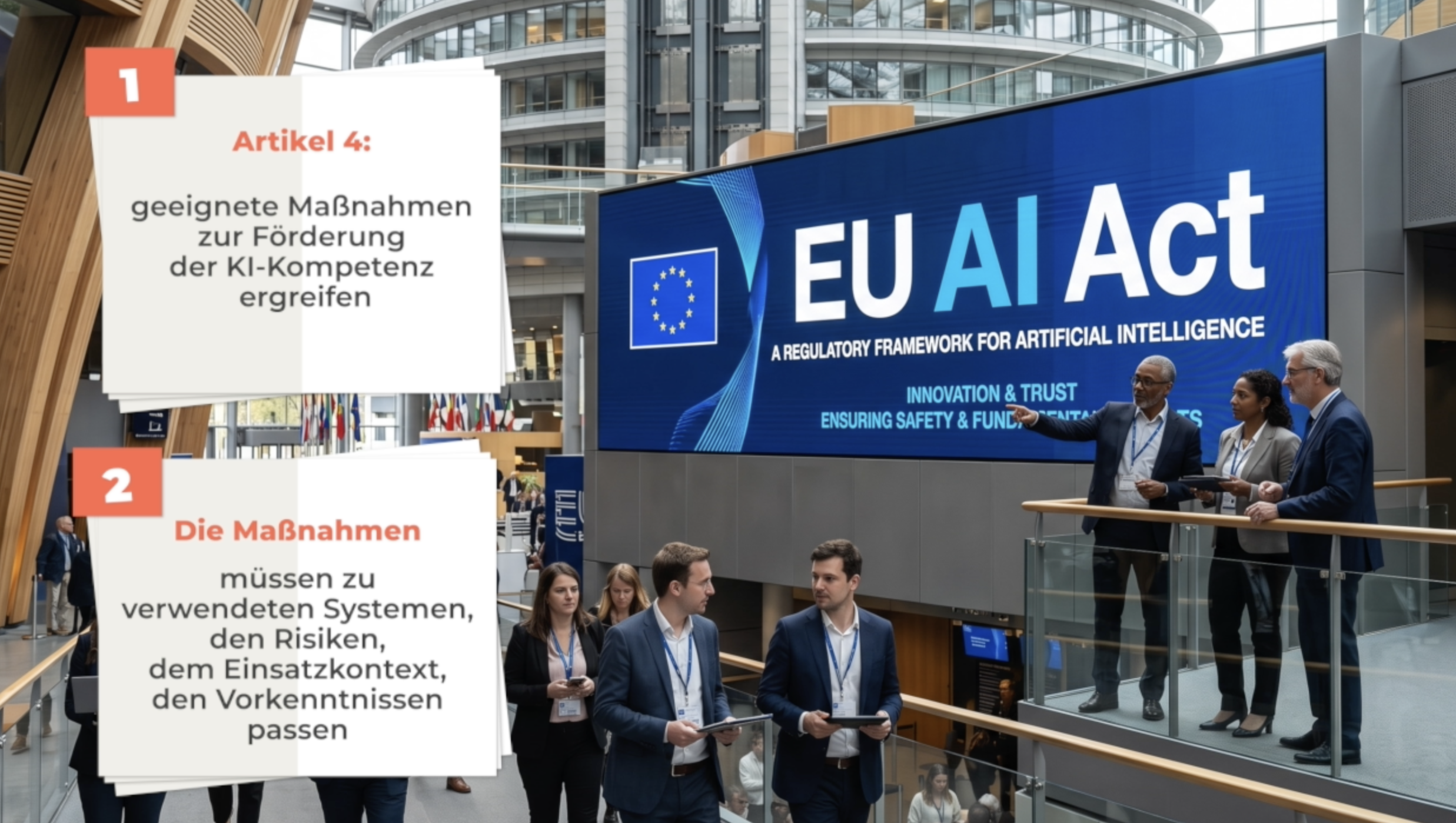 Menschen in Anzügen auf einer Messe vor einem großen digitalen Bildschirm mit EU-Flagge und der Schrift 'EU AI Act', der die Regulierung für künstliche Intelligenz darstellt, im Hintergrund eines modernen Gebäudes.