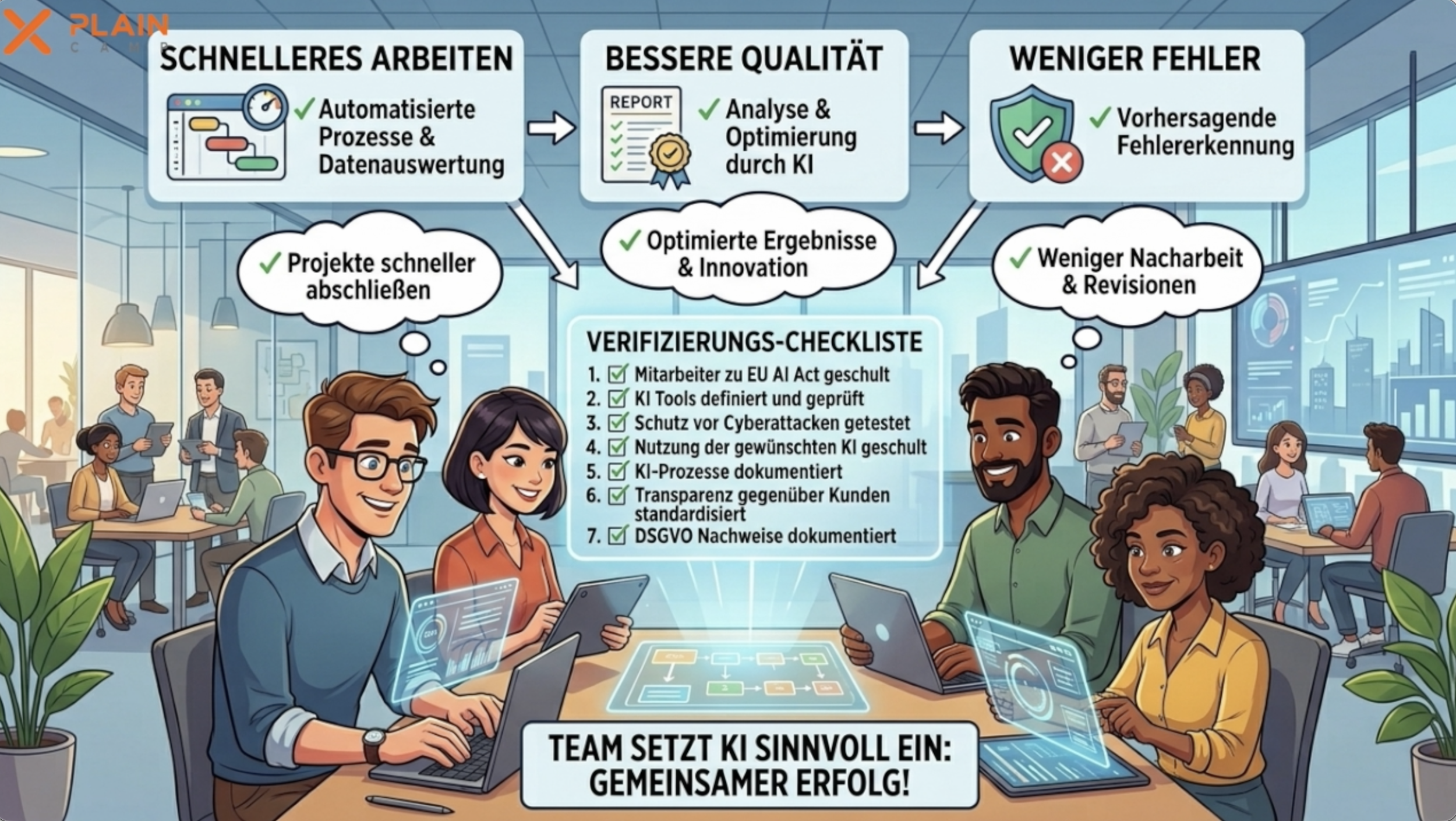 Ein moderner Büroraum mit mehreren Personen, die an Tischen mit Laptops und digitalen Tablets arbeiten, und einem großen Bildschirm mit Grafiken und Daten im Hintergrund.