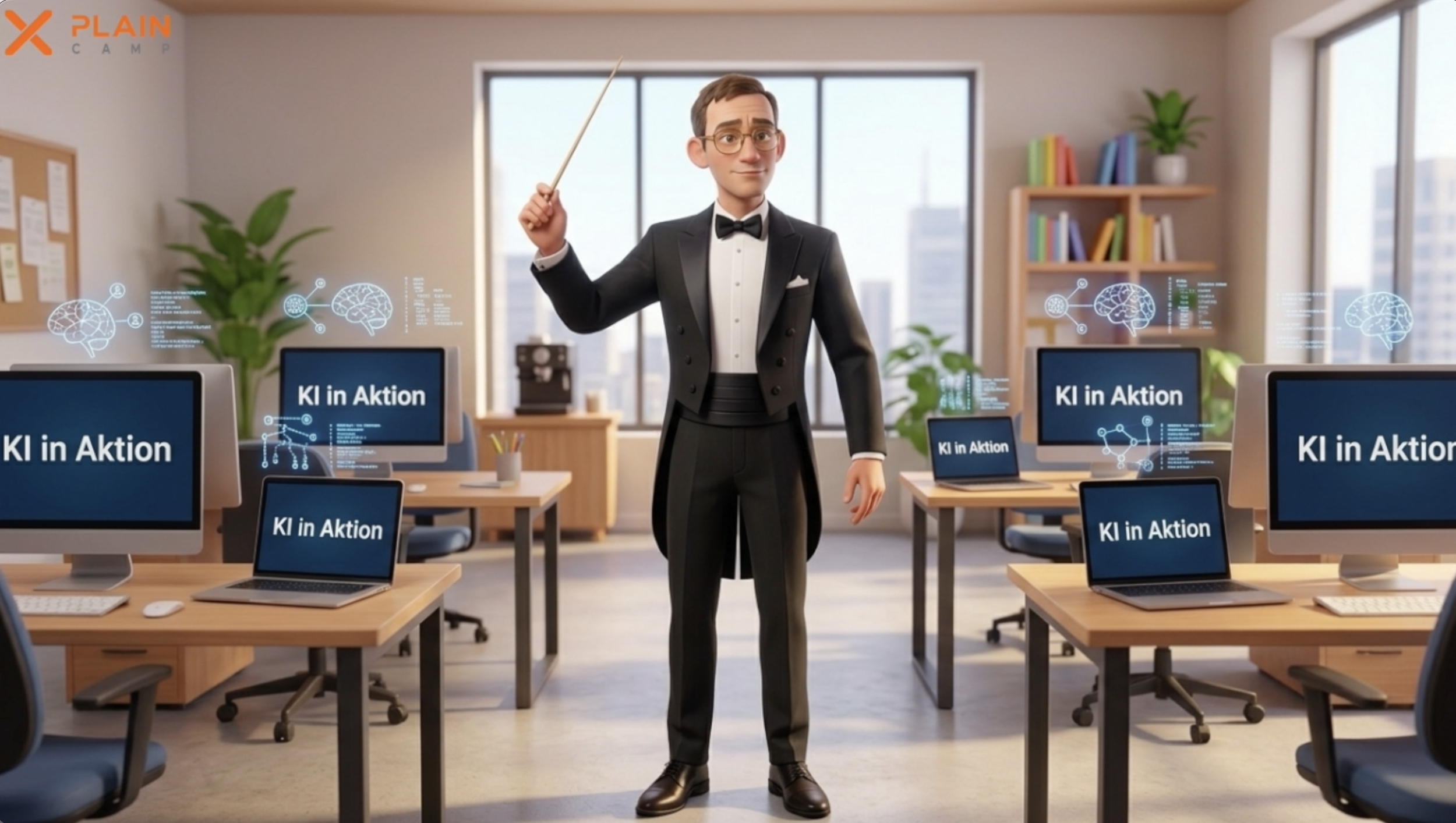 Ein Mann in formeller Kleidung, der einen Zeigestock hält, steht in einem modernen Büro mit mehreren Computern, auf denen 'KI in Aktion' steht, umgeben von Pflanzen und Bücherregalen.