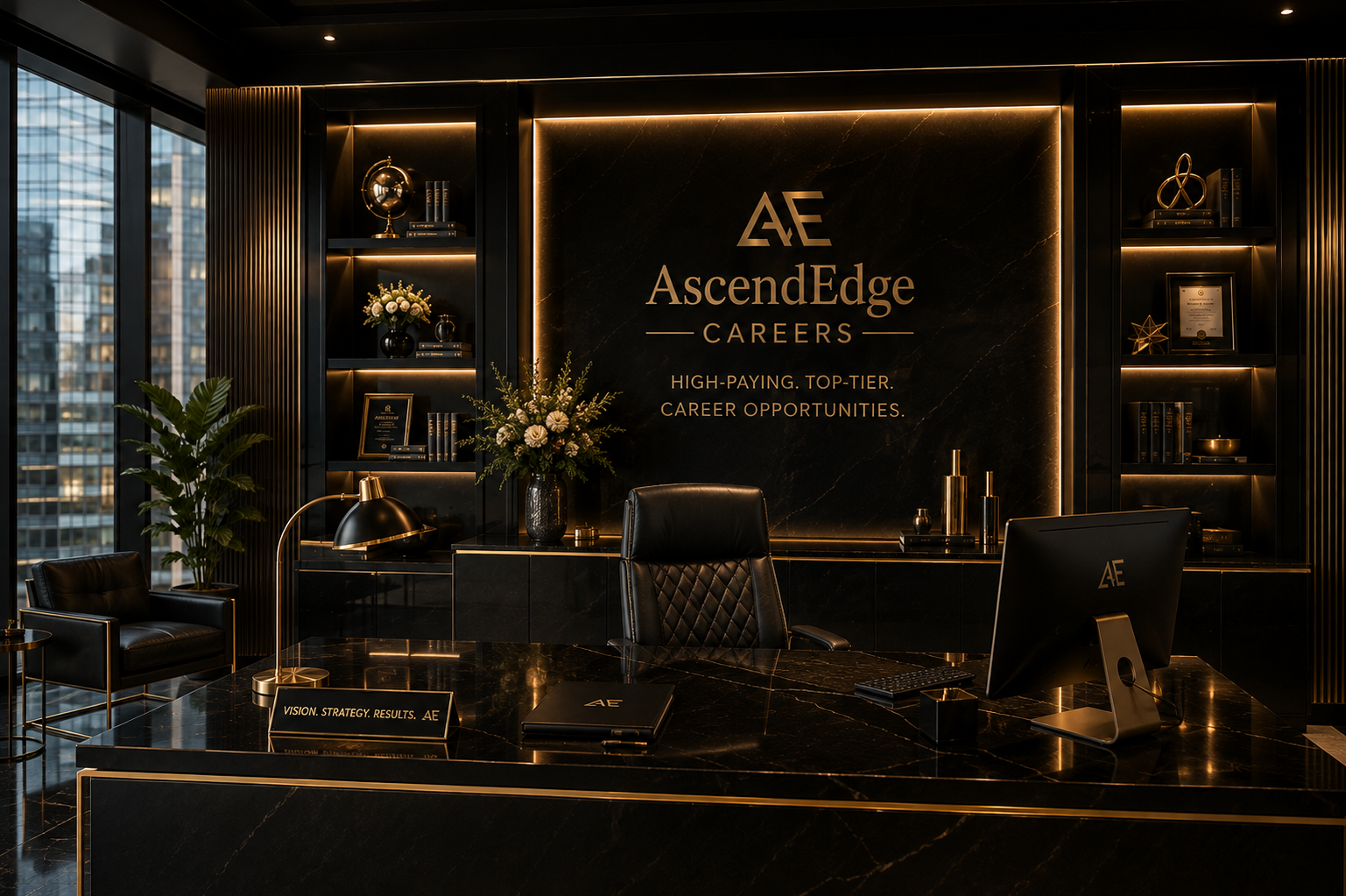 Modern office reception with black and gold decor, a large desk with a computer, a black leather chair, a lamp, and decorative shelves with awards, books, and flowers, and a large window showing city buildings outside.