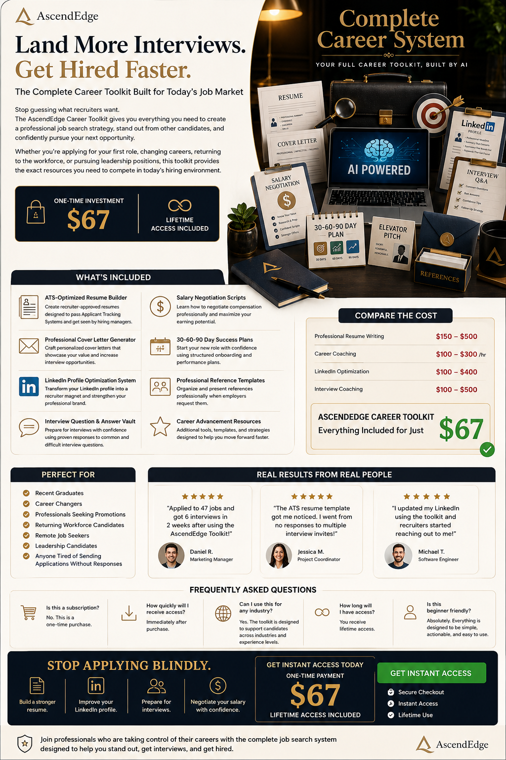 An infographic for AscendEdge's career toolkit, featuring a desk with resumes, cover letters, a laptop displaying 'AI powered,' a LinkedIn profile sheet, salary negotiations, success plans, reference templates, and elevator pitch materials. The layout includes pricing details, what’s included, customer reviews, FAQs, and a call-to-action for instant access for $67.