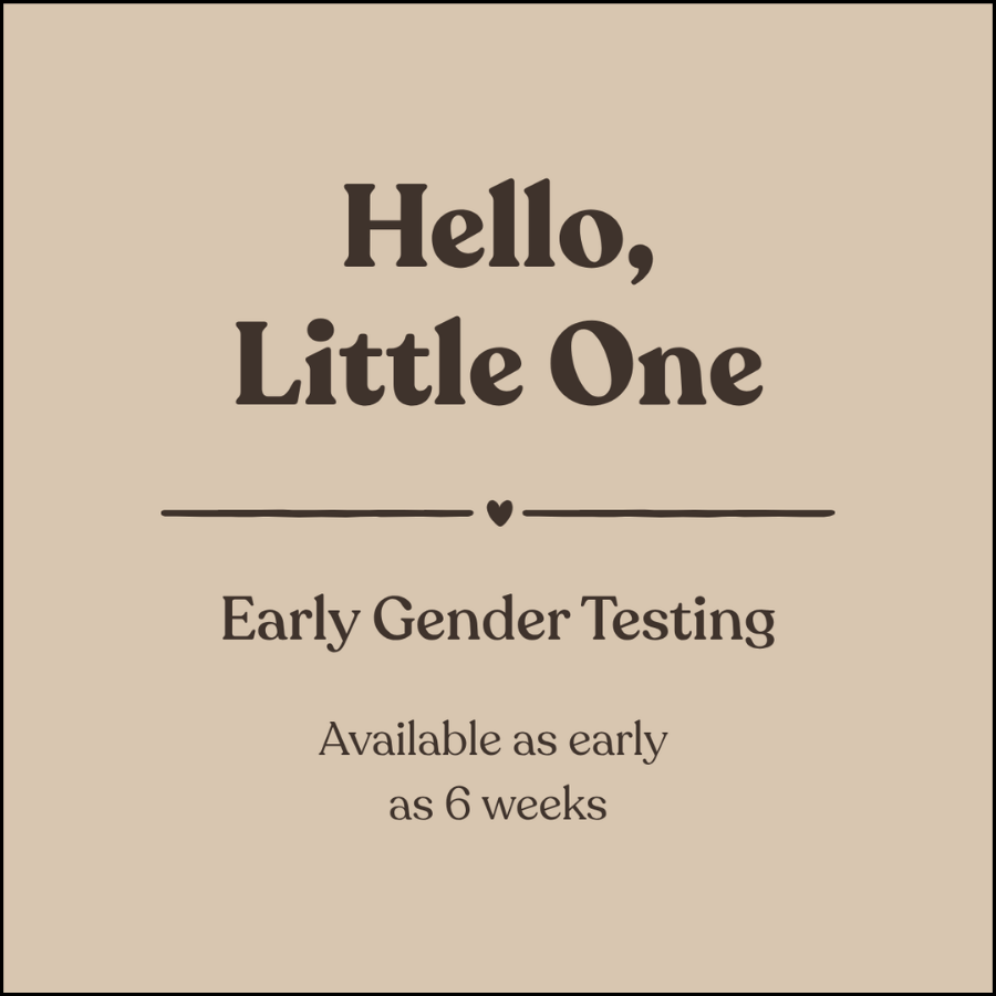 A beige background with text announcing early gender testing for a baby, available as early as 6 weeks.