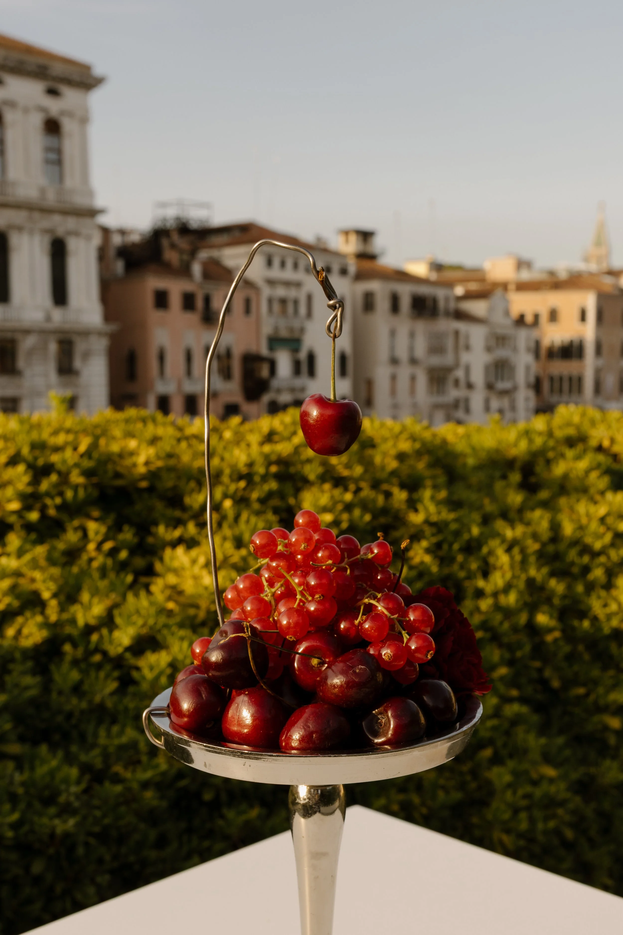 Atmospheric welcome cocktail party on a Venetian rooftop terrace with bordeaux details.