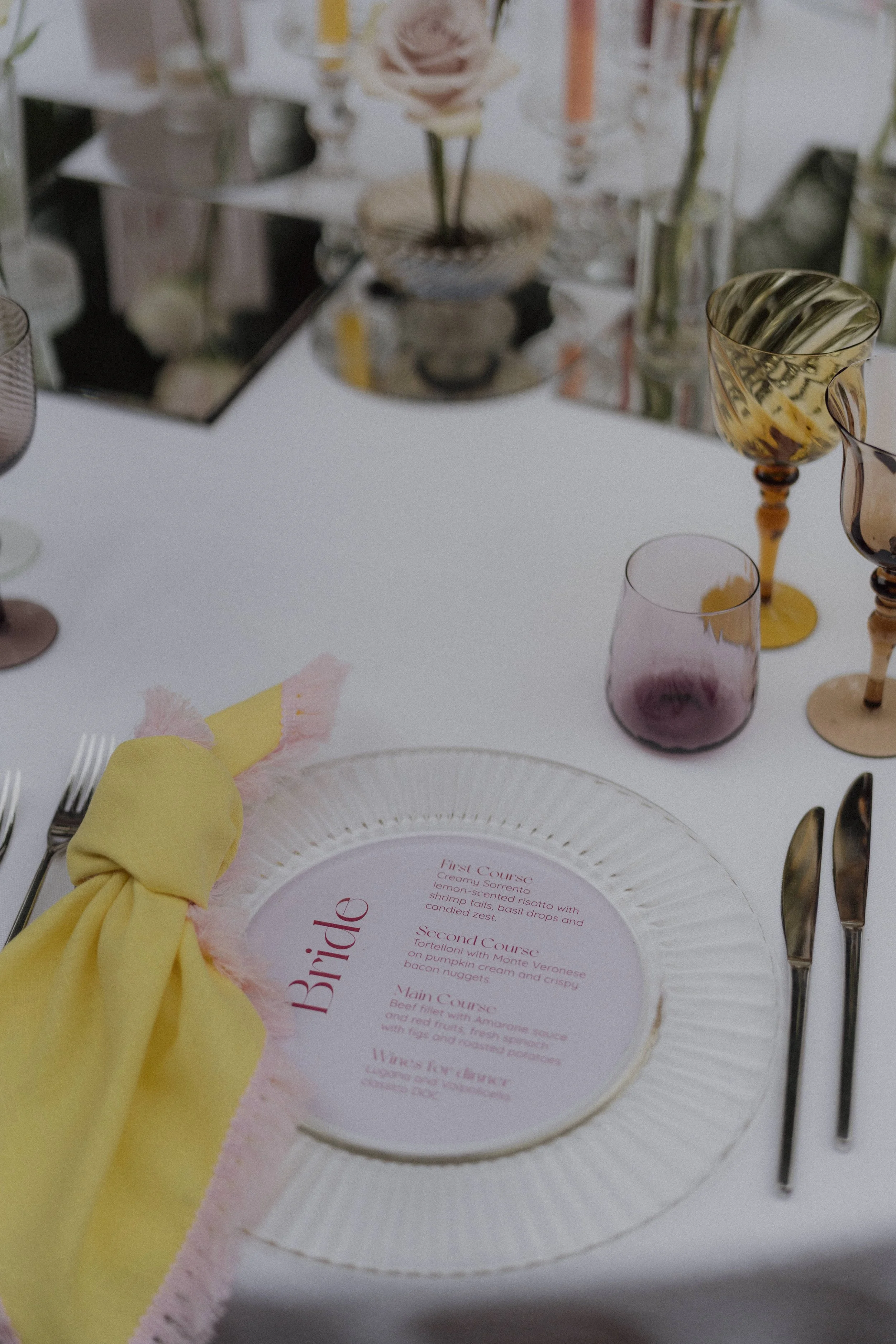 Bold and pop color floral arrangements and elegant wedding stationery