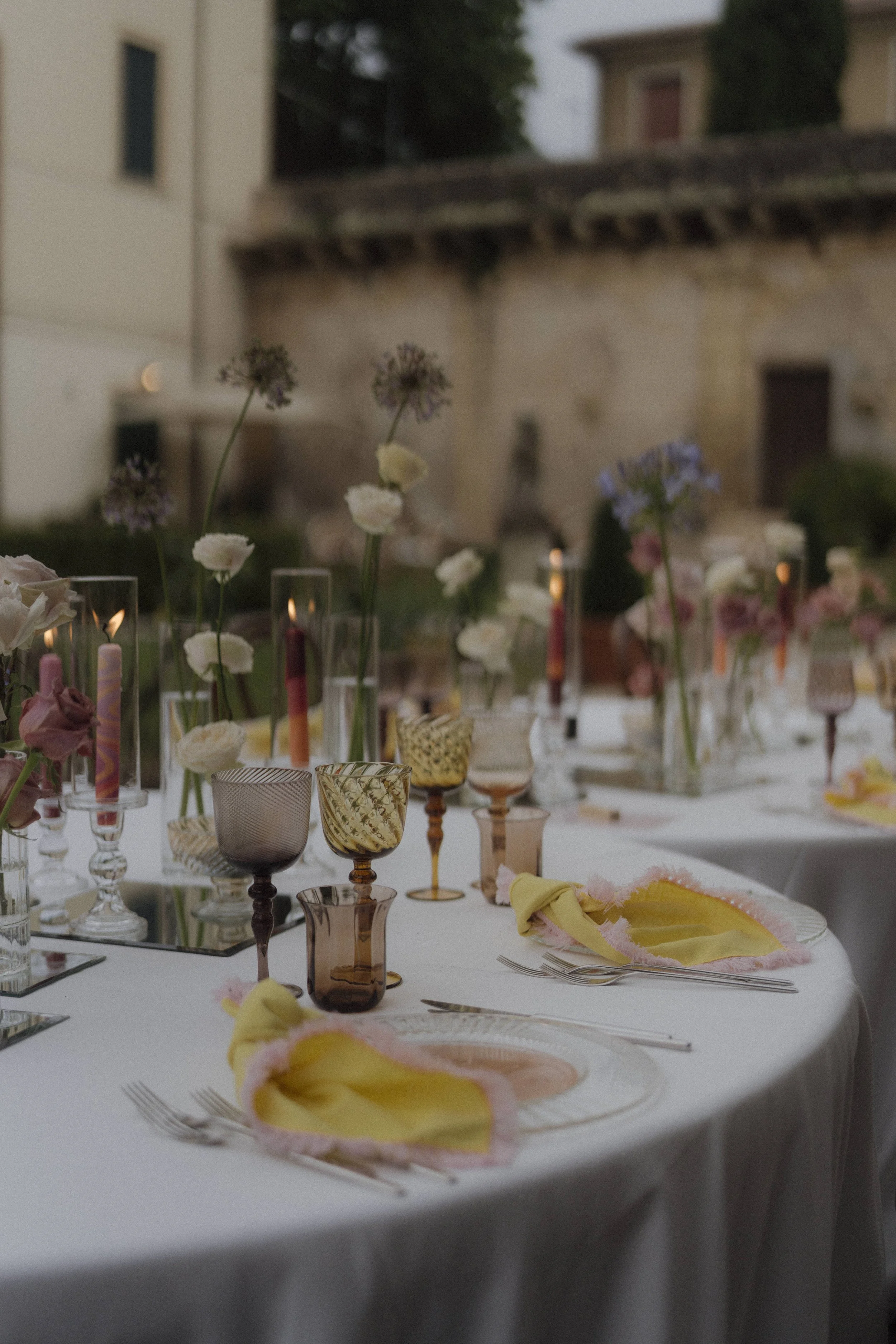 Bold and pop color floral arrangements and elegant wedding stationery