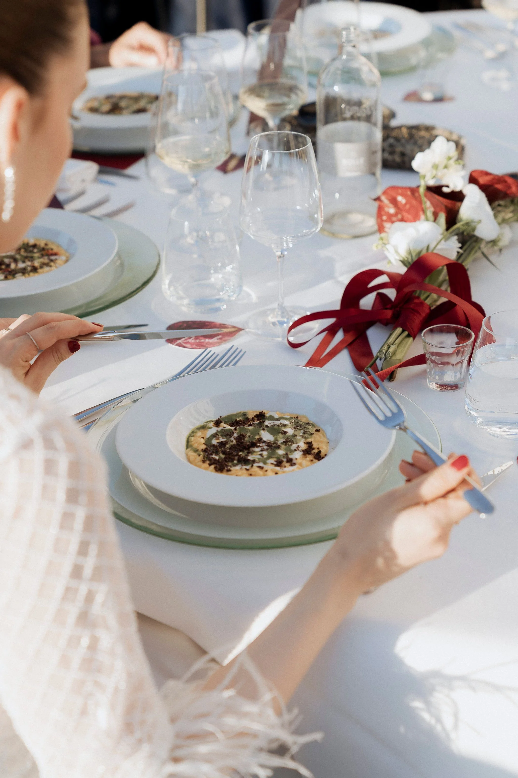 Romantic wedding dinner on the terrace of Villa Selvatico overlooking the Euganean Hills.