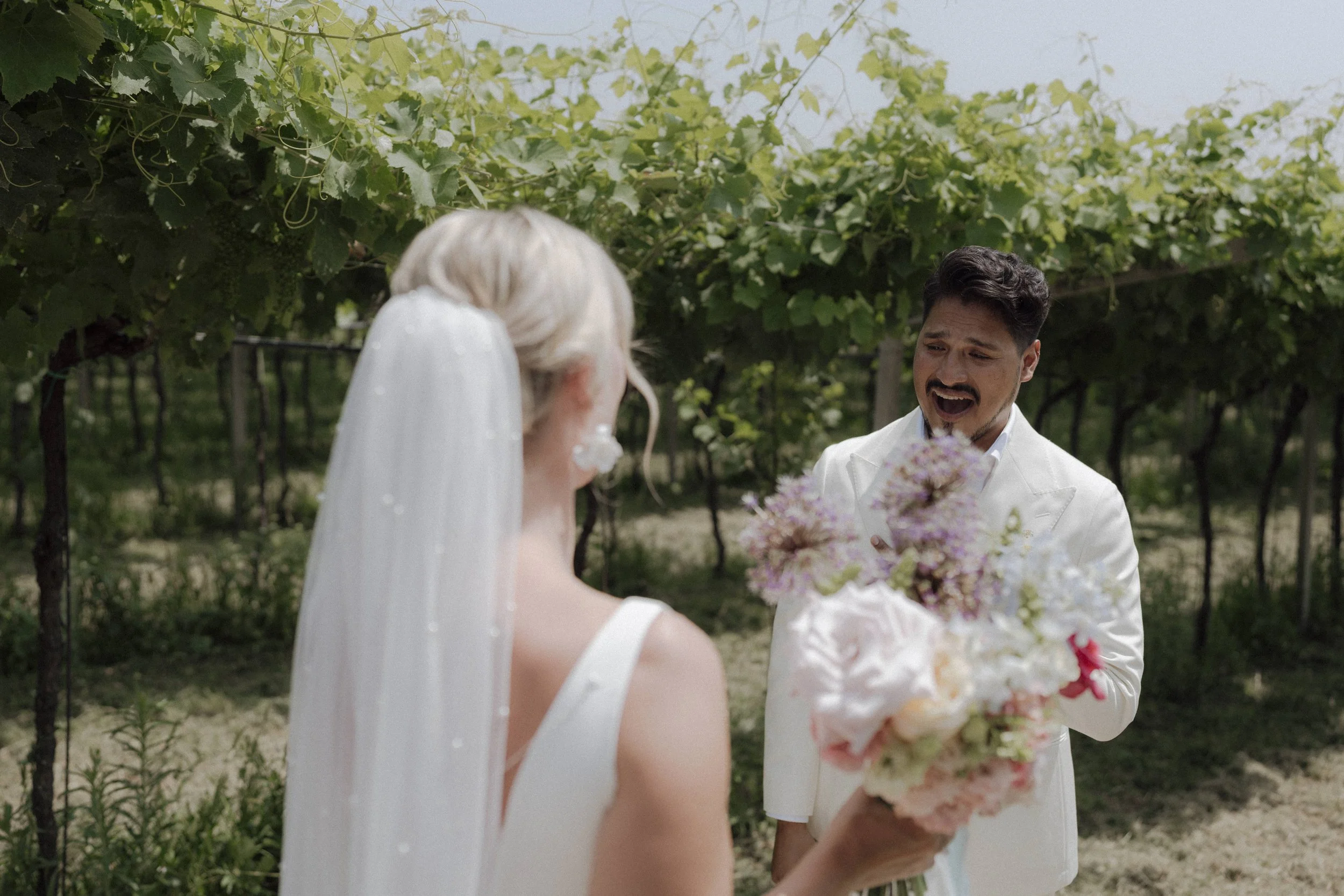 Bride and groom emotional first look among Valpolicella vineyards in Verona