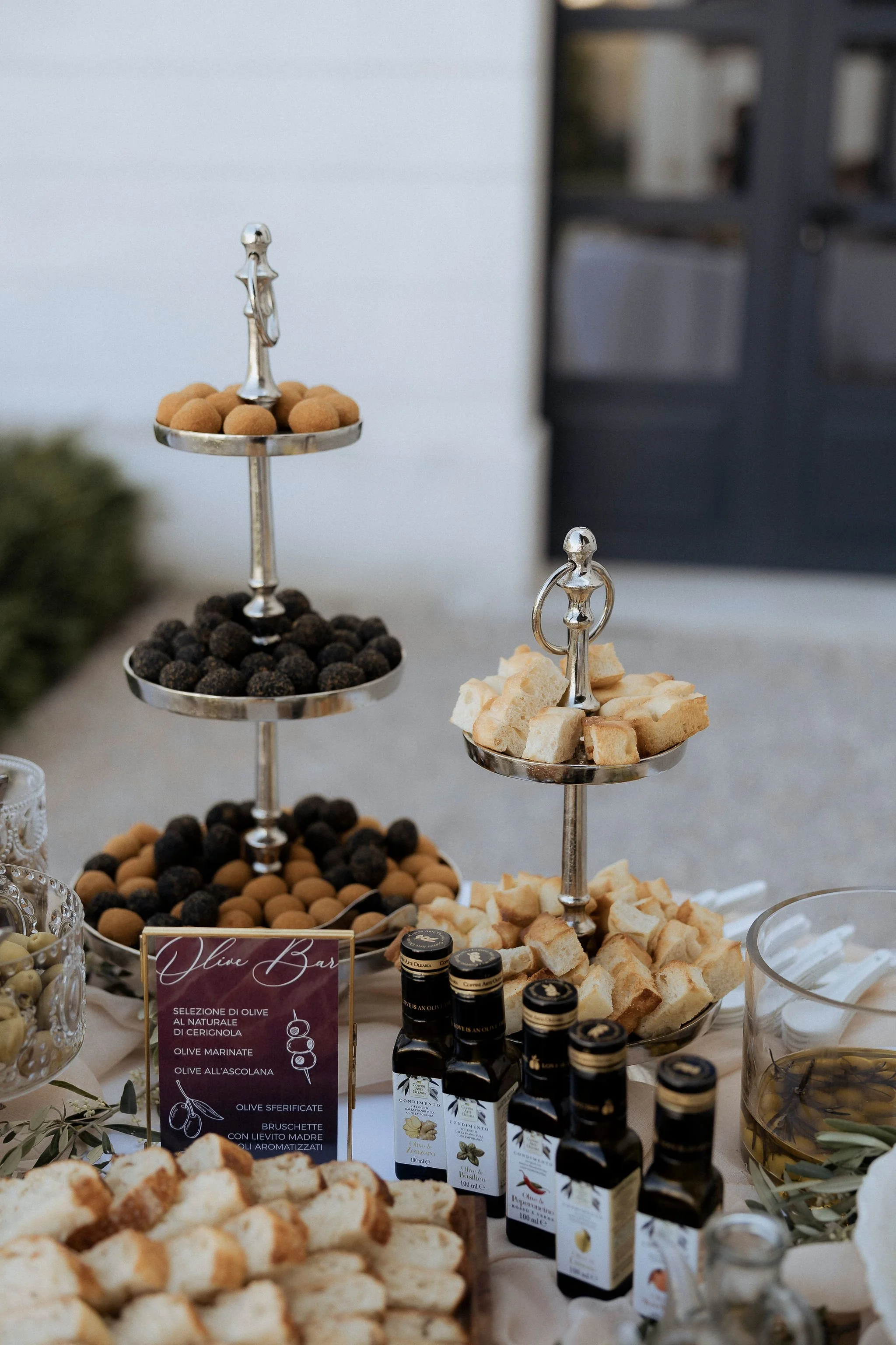 Italian Olive Bar featuring regional olives and olive oil tasting at an Italian destination wedding.