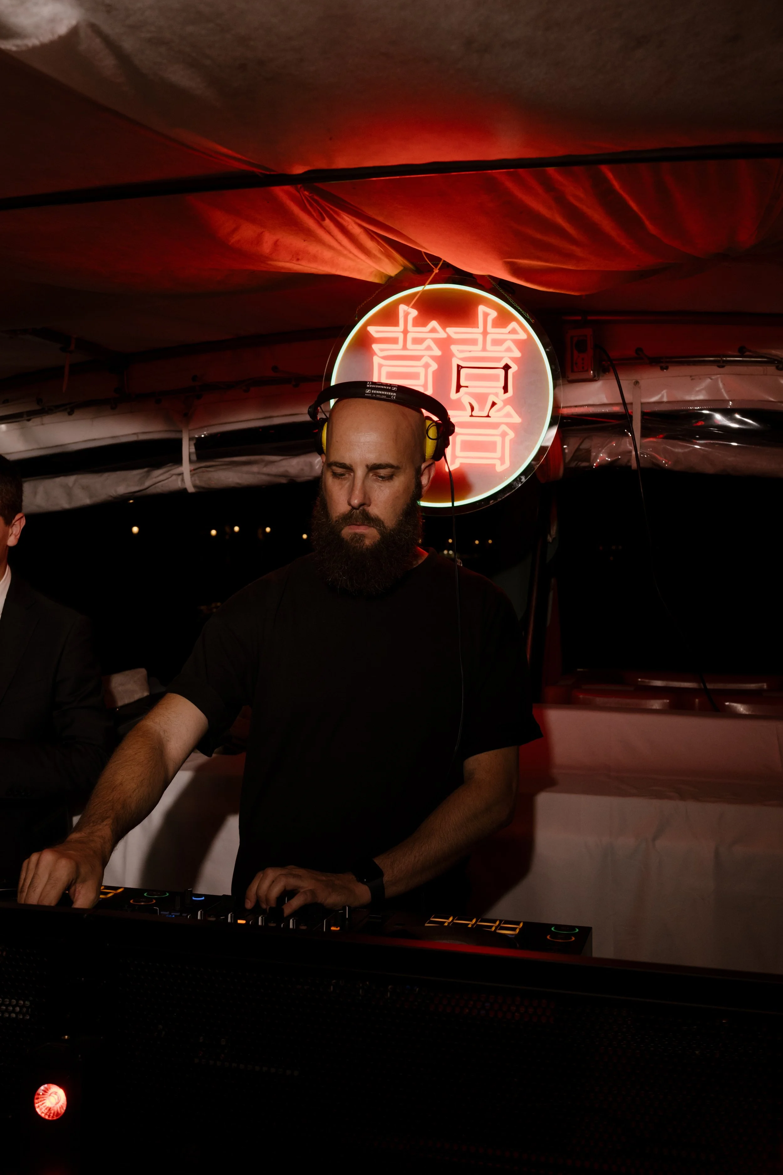 Dj set on a private boat cruise returning to Venice across the lagoon at night.