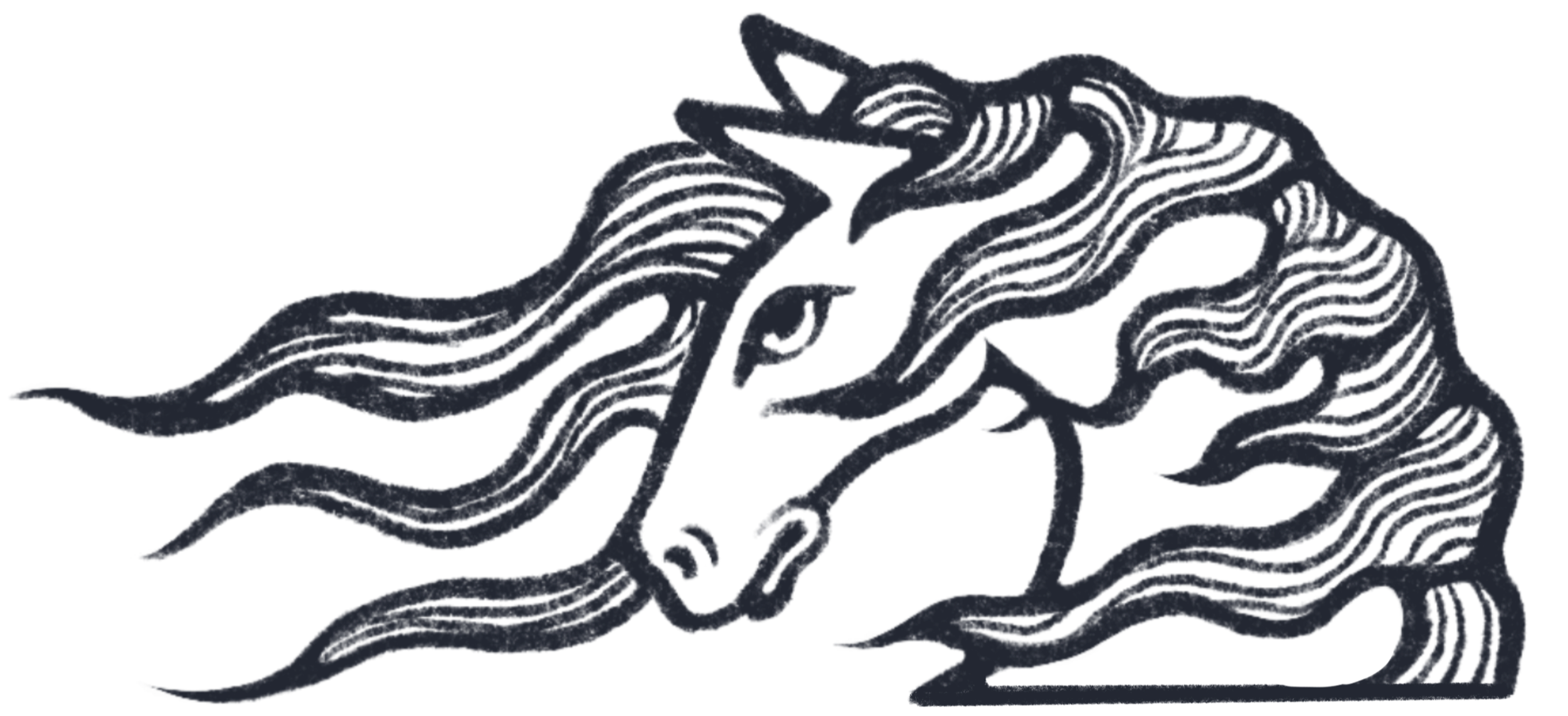 Une illustration d'un cheval  avec des lignes ondulantes représentant ses crins, en couleur sombre sur un fond noir.