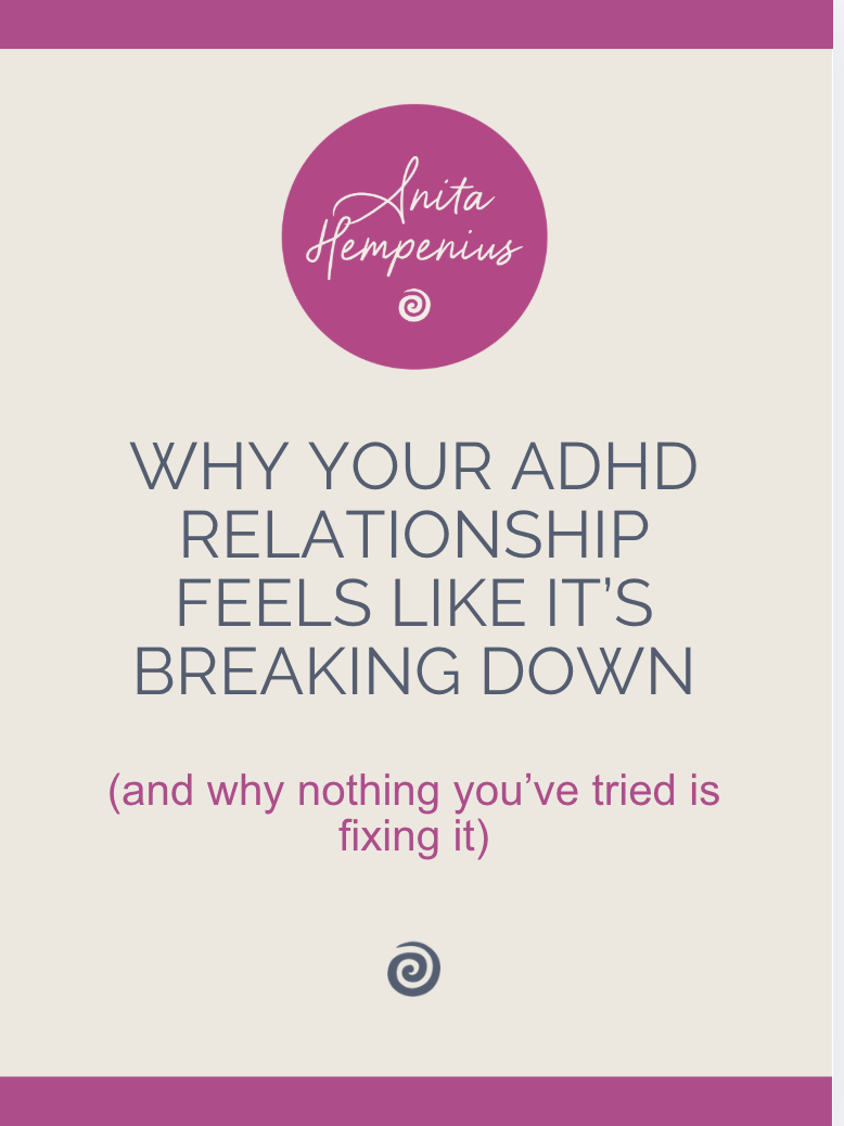 Book cover titled "Why Your ADHD Relationship Feels Like It's Breaking Down" by Anita Hempenius, with a pink circle at the top containing her name.