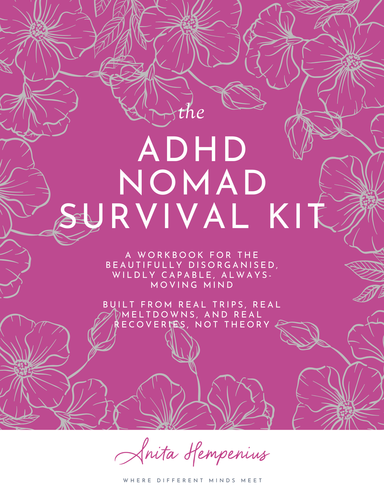 Cover of a workbook titled 'The ADHD Nomad Survival Kit' with a purple background and white line drawings of flowers. The subtitle reads 'A workbook for the beautifully disorganized, wildly capable, always-moving mind.' The author is Anita Hempenius, with the tagline 'Where different minds meet'.