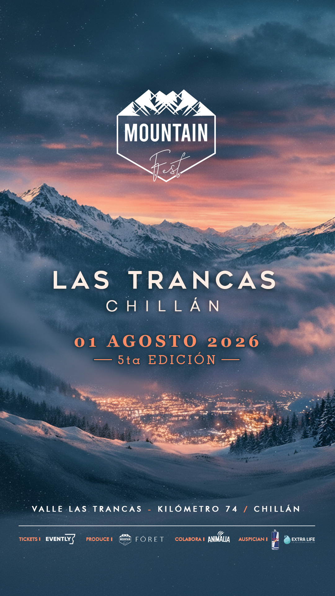 Promotional poster for Mountain Fest featuring a mountain landscape at sunset, with event details in Spanish, including date, location, and sponsors.
