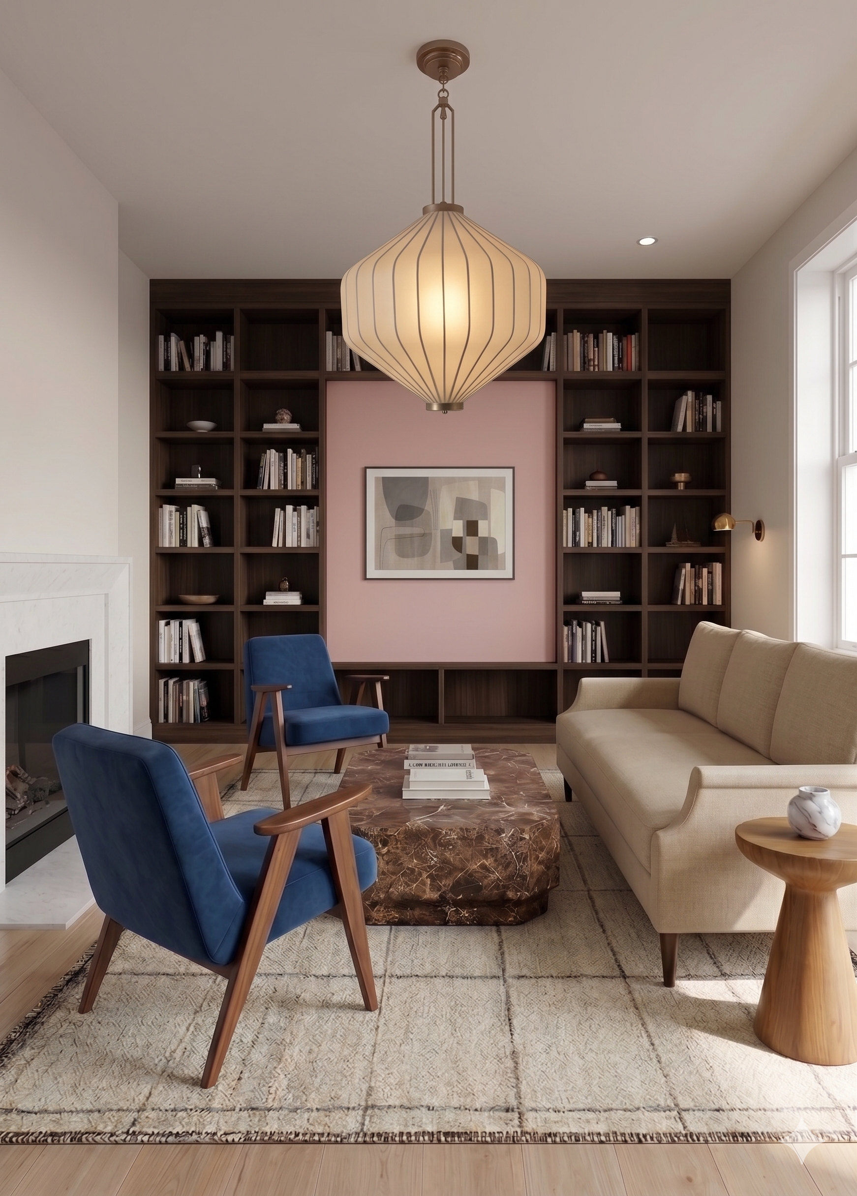Living room with built-in bookshelves, a fireplace, a beige sofa, blue armchairs, a marble coffee table, and modern artwork, with natural light coming through a window.
