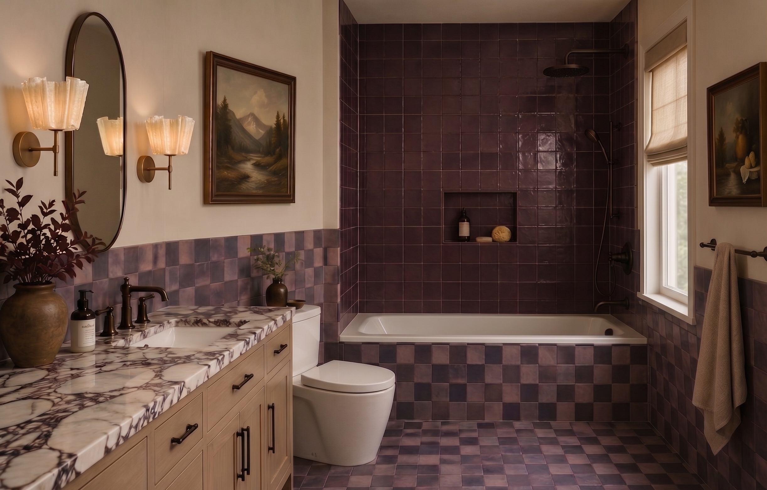 A bathroom with a marble countertop sink, a framed landscape painting, a vanity with wall-mounted light fixtures, a toilet, and a large walk-in shower with dark purple tiles, a window with blinds, and bathroom accessories.