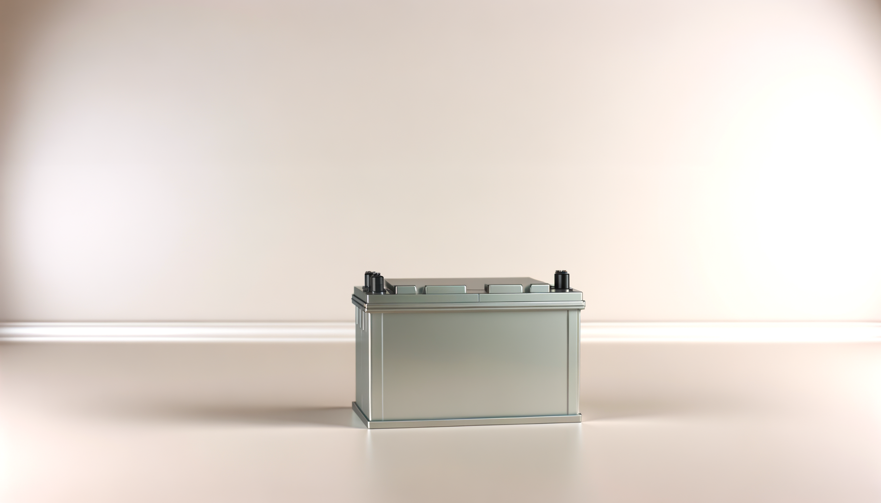 Empty metallic safe or metal box on a beige floor, against a beige wall with a white baseboard.