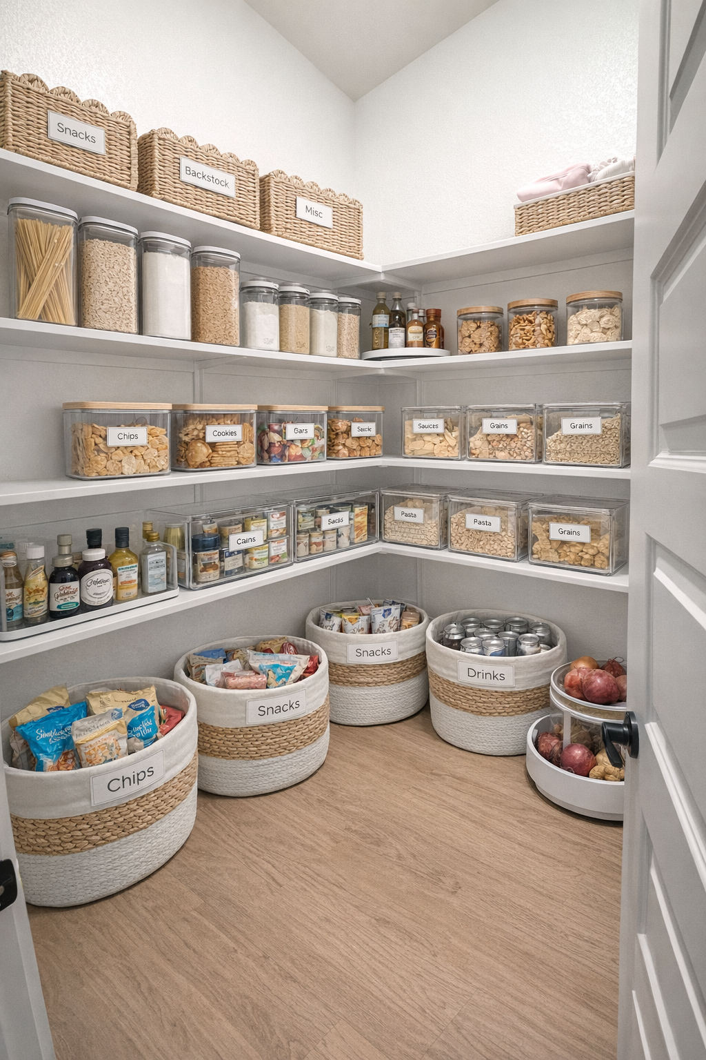 Organized pantry with labeled baskets and jars filled with snacks, pasta, grains, and condiments.