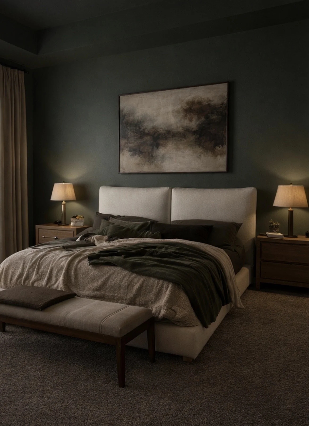 A bedroom with a bed, nightstands on each side with lamps, a large abstract painting above the bed, and a bench at the foot of the bed. The bedding appears dark and the room is warmly lit.