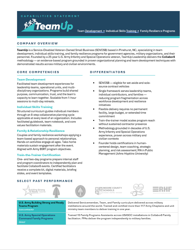 Team Up program, including company overview, core competencies, differentiators, past performance in military training and family programs, and logos of partner organizations.