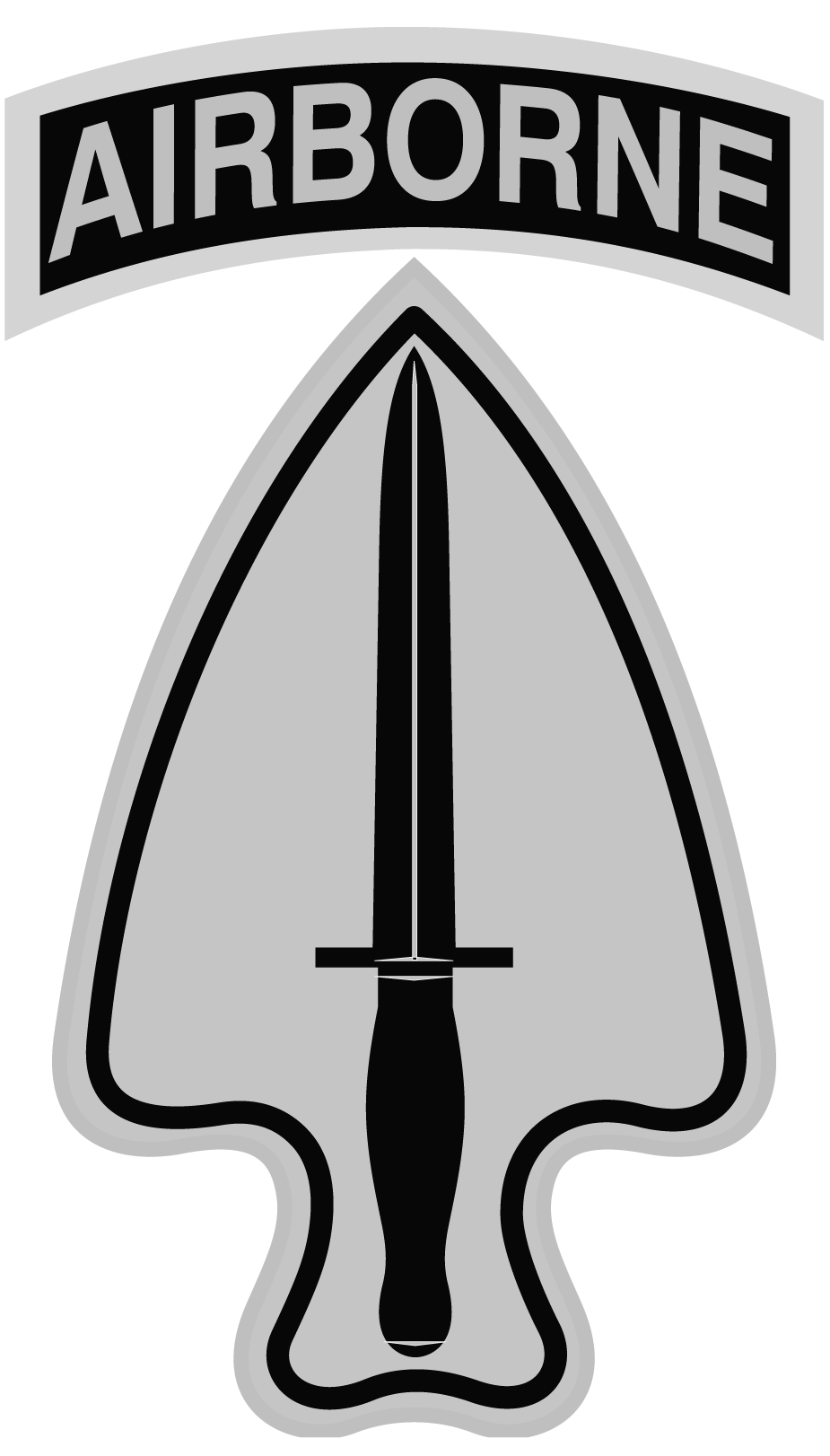 A black and white emblem with the word "AIRBORNE" arched at the top, featuring a dagger or spear piercing through a map-shaped outline of a state or region.
