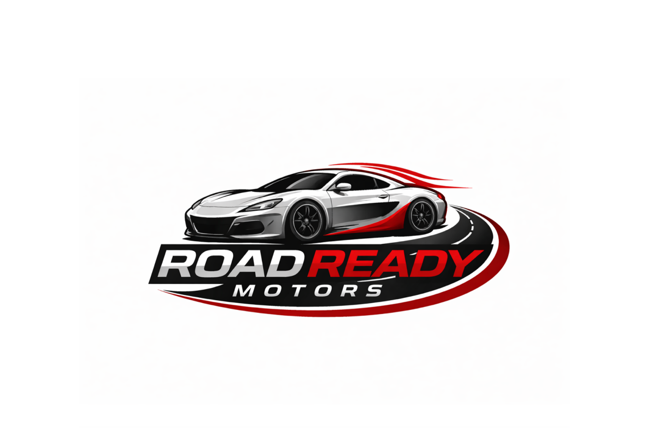 A logo for Road Ready Motors featuring a silver sports car on a racetrack with the company name in bold black, white, and red text.