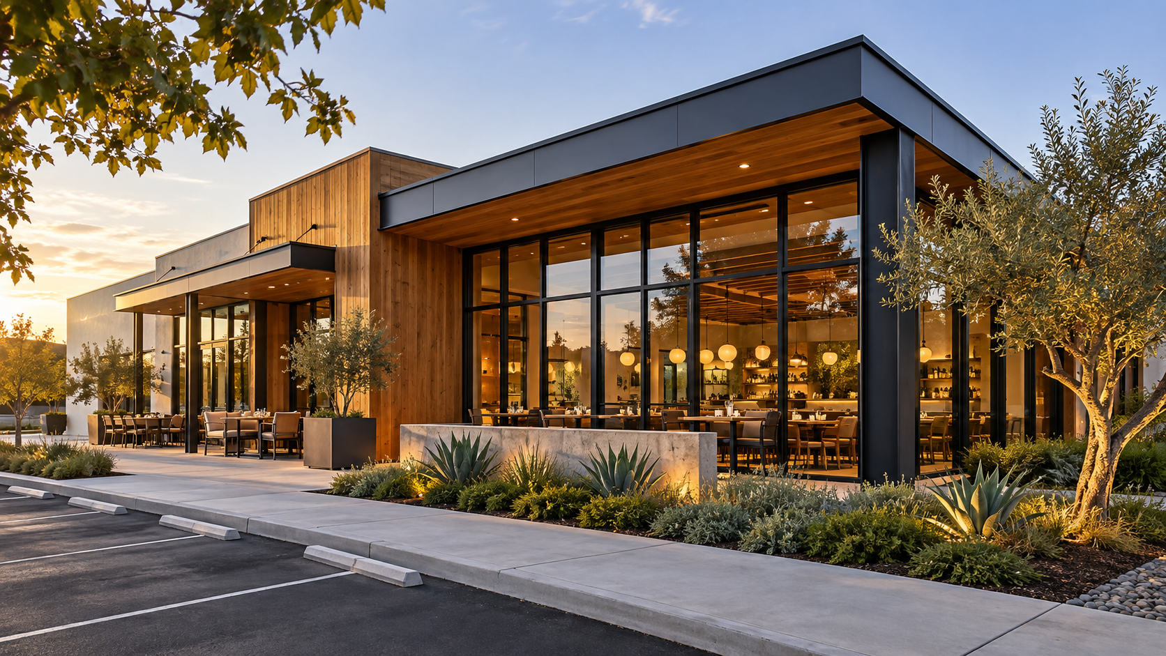 Concept image of a modern restaurant exterior with glass storefronts, steel framing, and wood accents.