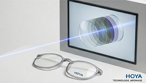 Opticien bordeaux Verres hoya centre vision expert a bordeaux L'Oeil de L'Opticien Une paire de lunettes posée sur une surface blanche devant un écran affichant un diagramme optique avec des lentilles.
