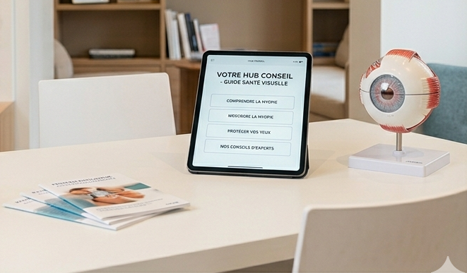 Table avec une tablette affichant un site web de conseils santé visuelle, une brochure sur la santé visuelle, une maquette d'œil humain, et des chaises autour.lien vers le hub santé explications sur sante visuelle chez L'Oeil de L'Opticien à Bordeaux