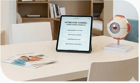 Articles conseils vision de L'Oeil de L'Opticien, opticien à Bordeaux : tablette affichant nos guides, livret et maquette d'œil sur une table