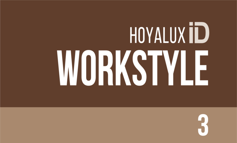 Logo du verrier HOYA pour l'oeil de l'opticien à Bordeaux avec le texte 'Hoyalux iD Workstyle 3' sur fond marron et beige.